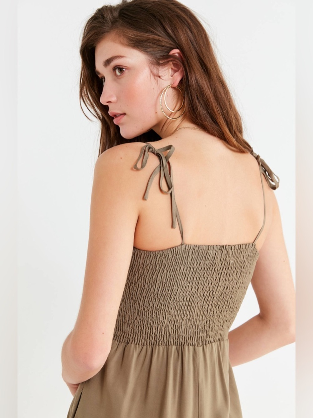 Urban Outfitters Olive Smocked Tie-Strap Jumpsuit - Picture 3 of 14
